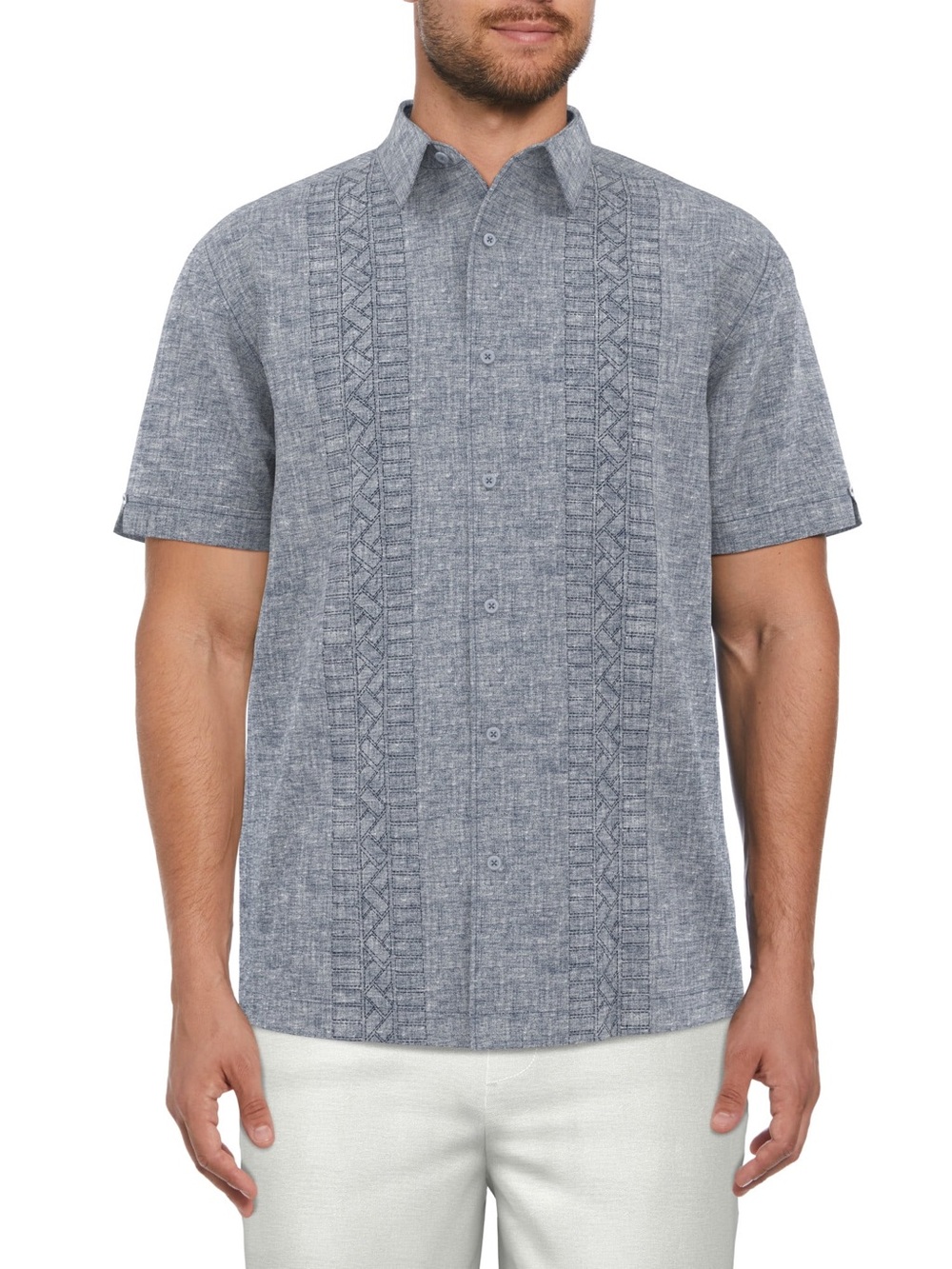 Cafe Luna Men's Linen Blend Crossed Geo Print Panel Short Sleeve